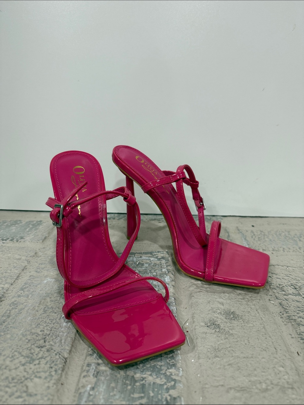 Olivia Ferguson Hot Pink Patent Fuchsia Strappy Square-Toe Heels